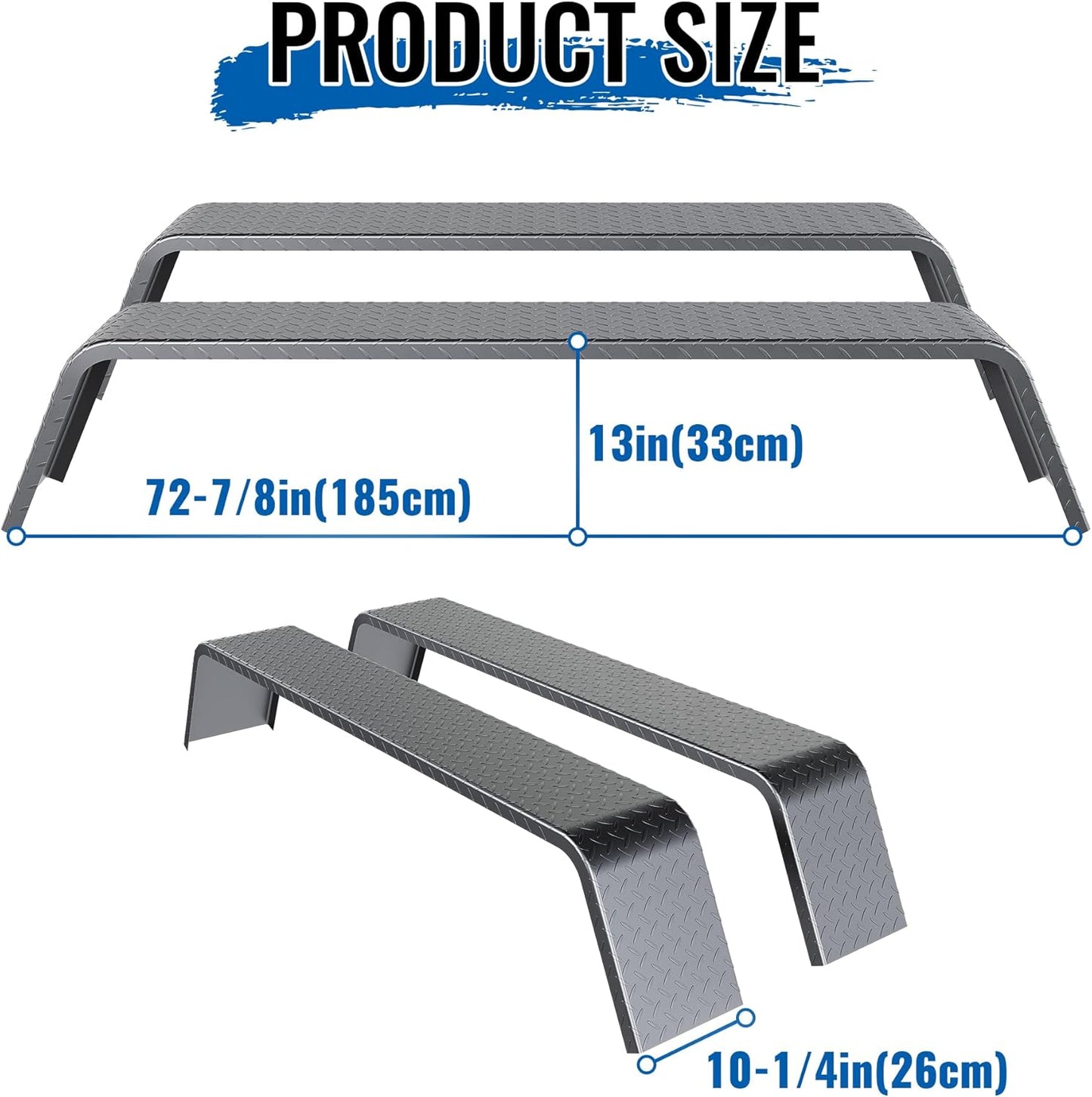 Heavy-Duty Steel Diamond Plate Tandem Axle Trailer Fenders – 72" x 10-1/4" x 13", Fits 13"–15" Tires (Set of 2, Unpainted)