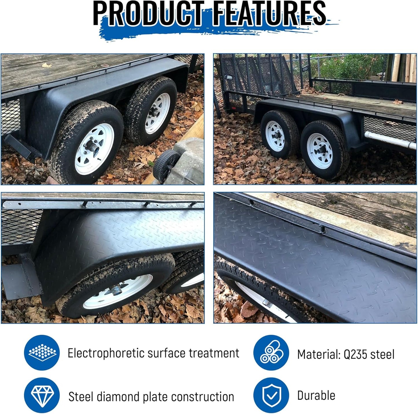 Heavy-Duty Steel Diamond Plate Tandem Axle Trailer Fenders – 72" x 10-1/4" x 13", Fits 13"–15" Tires (Set of 2, Unpainted)