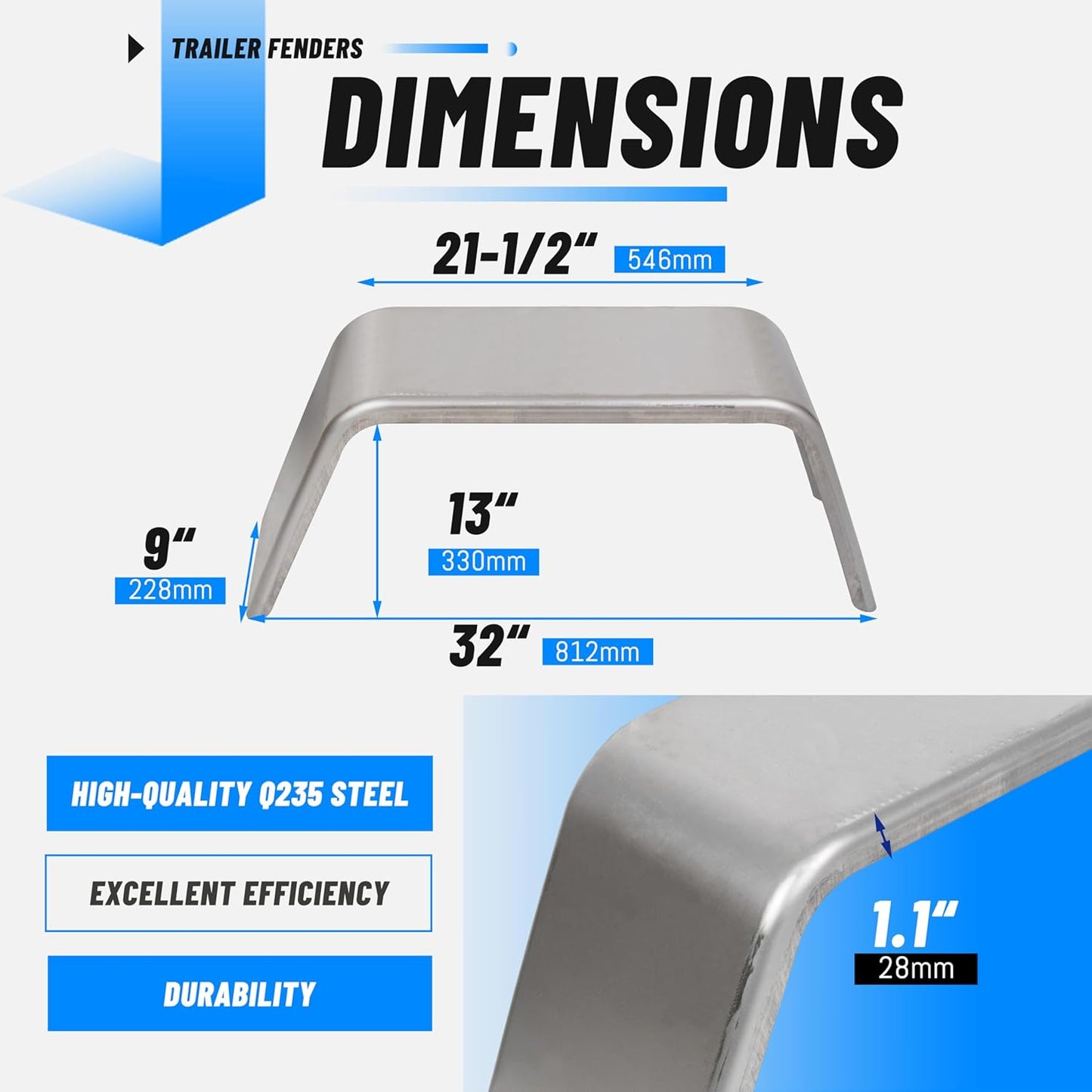 Square Steel Trailer Fenders – Fits 14"–16" Wheels (Set of 2) for Car Hauler, Cargo, Utility & Landscape Trailers