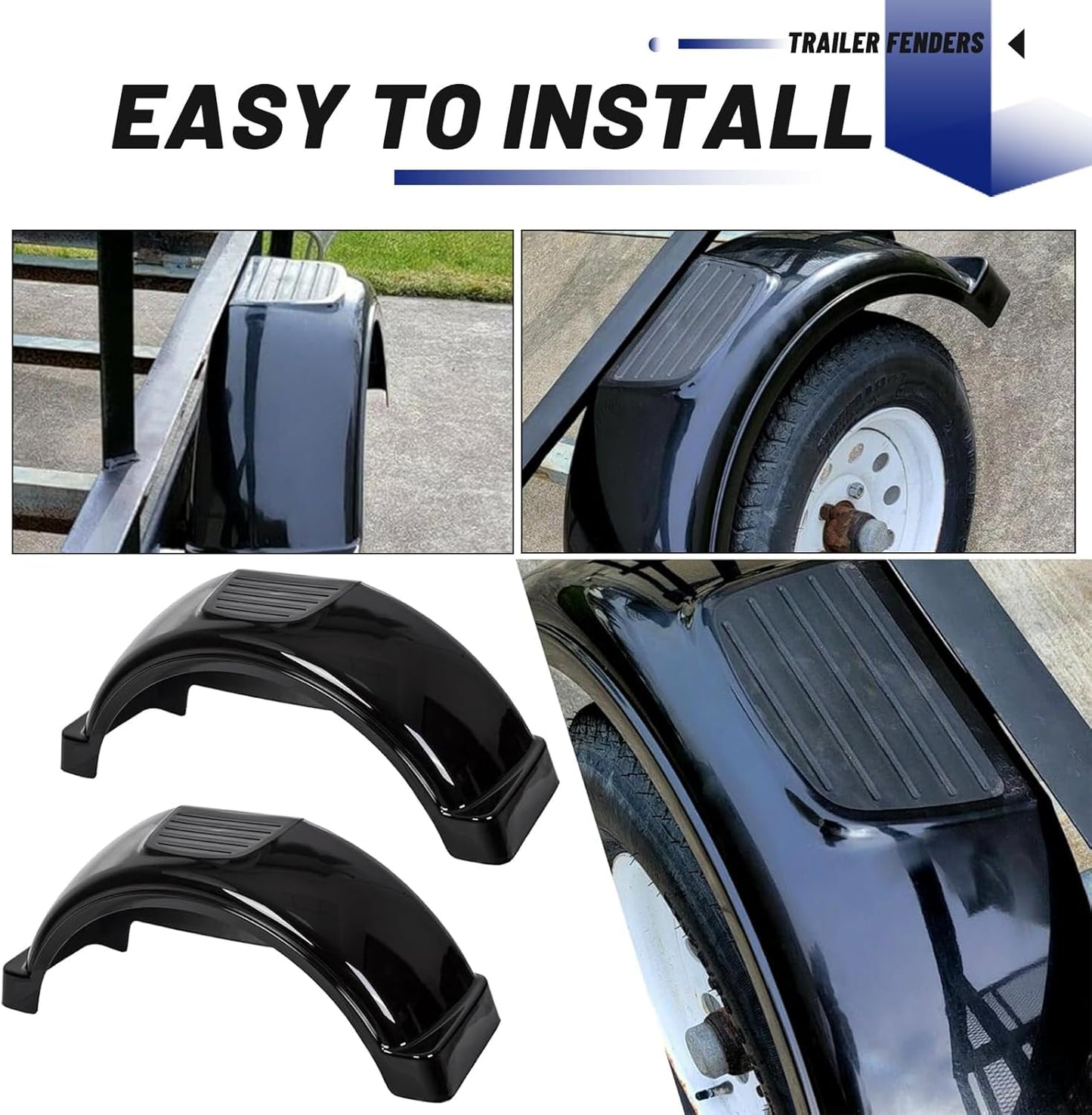 Black Plastic Trailer Fenders with Steps – Fits 13" Wheels, Single Axle Trailers (Set of 2)